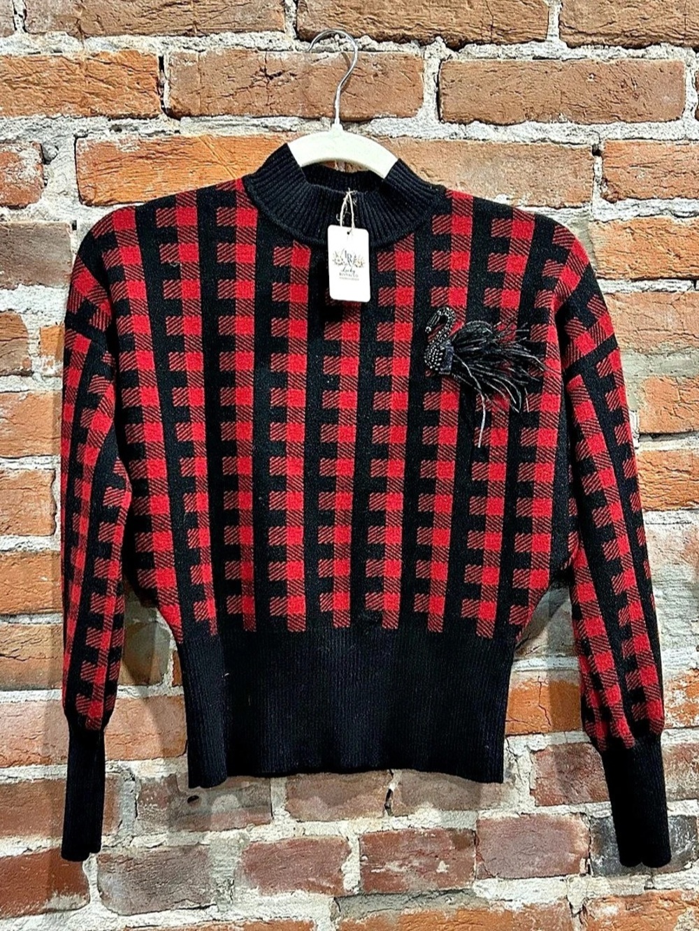 Christian Dior Plaid Feather Detail Sweater in Black & Red NWT